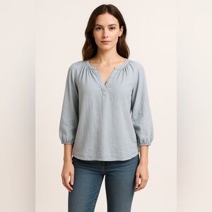 Max Studio Blouse Shirt Women Peasent Boho Beigeish Blue   3/4 Sleeve Silk XS